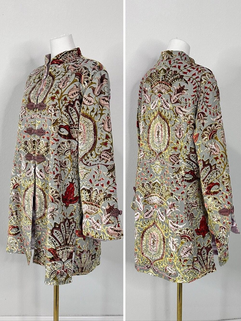 Soft Surroundings Velvet Burnout Long Jacket L Chinoiserie Frog Closure Boho Lux - Picture 8 of 16